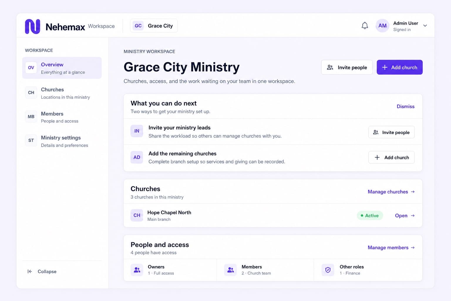 Nehemax congregation dashboard showing member records and monthly giving